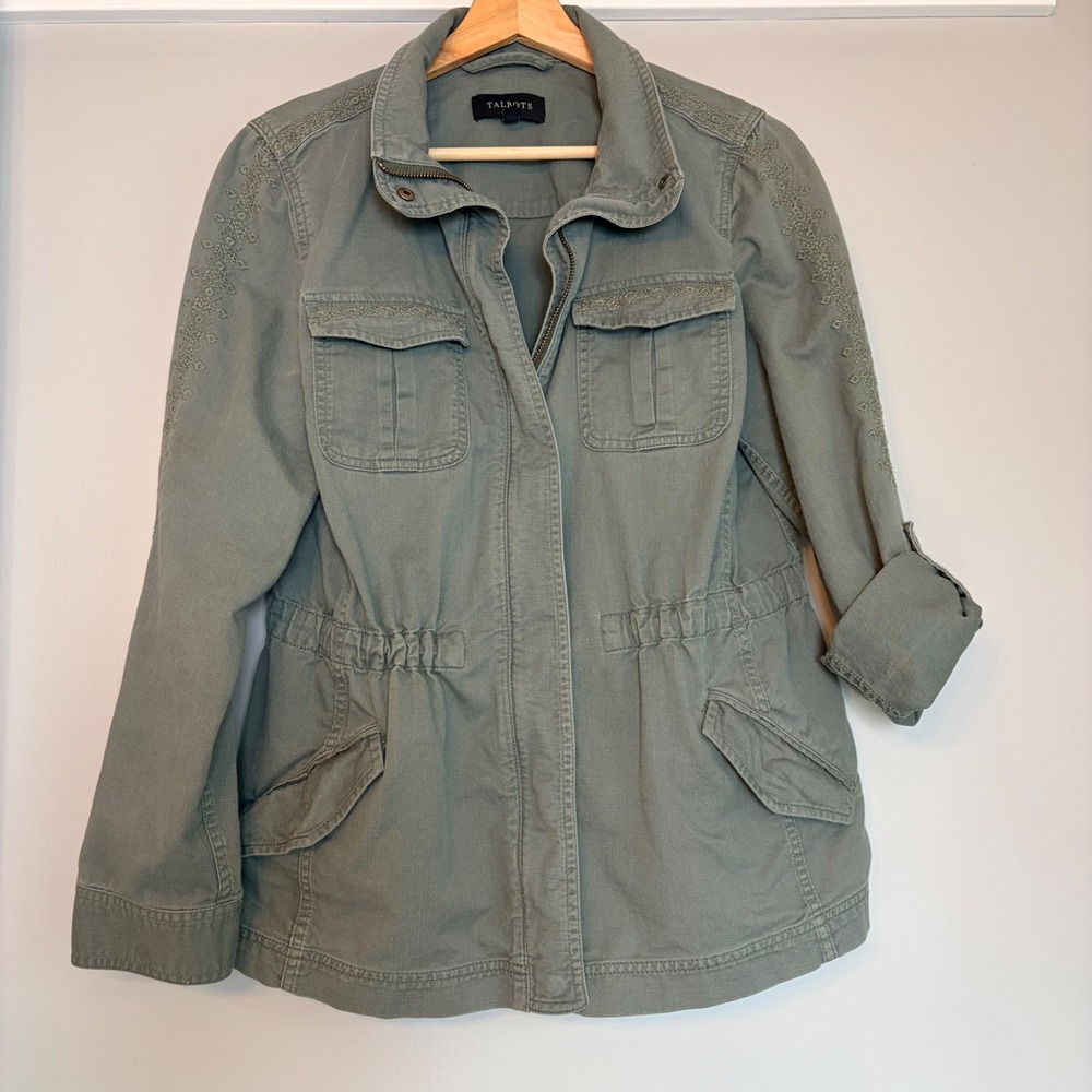 Talbots Womens Olive Green Embroidered Utility Field Jacket Size M Cotton Twill